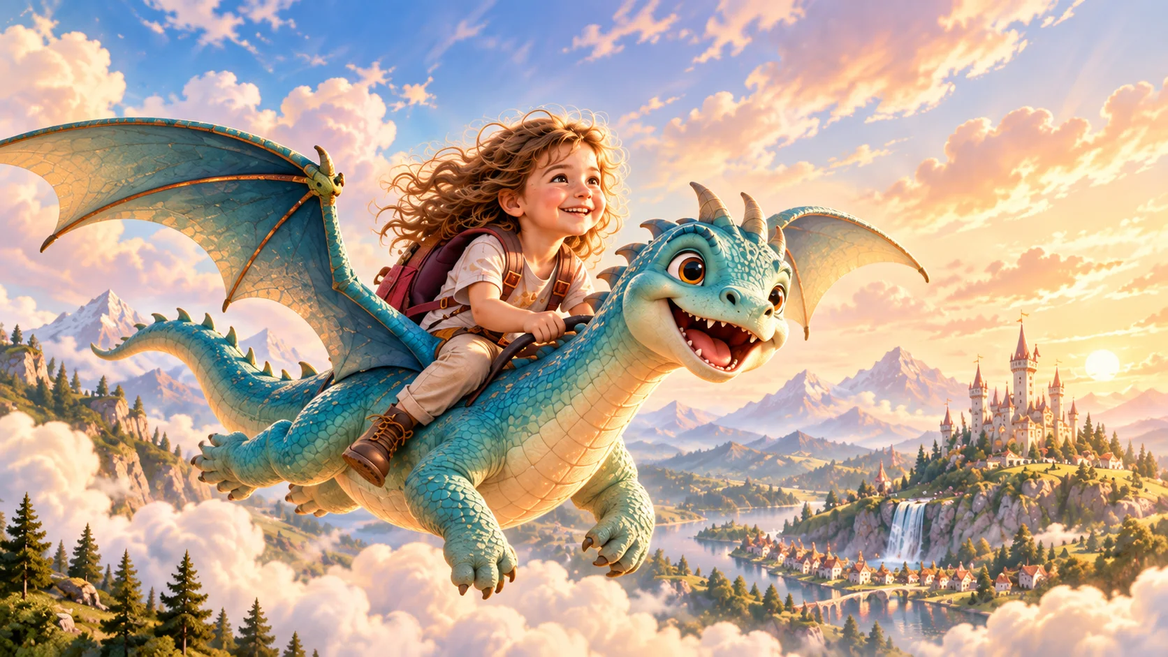 Ein Kind fliegt mit einem freundlichen Drachen über eine Märchenlandschaft